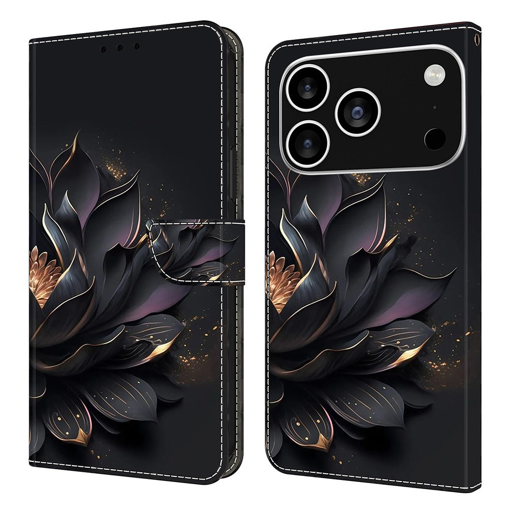 For iPhone 17 Pro Max Case Magnetic Clasp 3D Pattern Leather Wallet Phone Cover - Purple Lotus