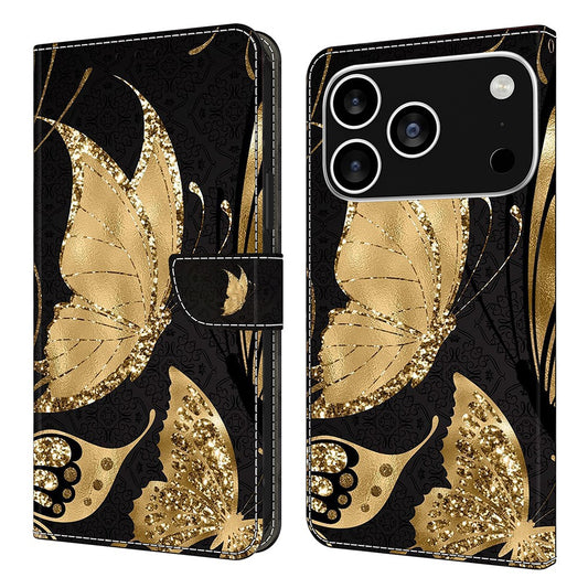 For iPhone 17 Pro Max Case Magnetic Clasp 3D Pattern Leather Wallet Phone Cover - Golden Butterfly