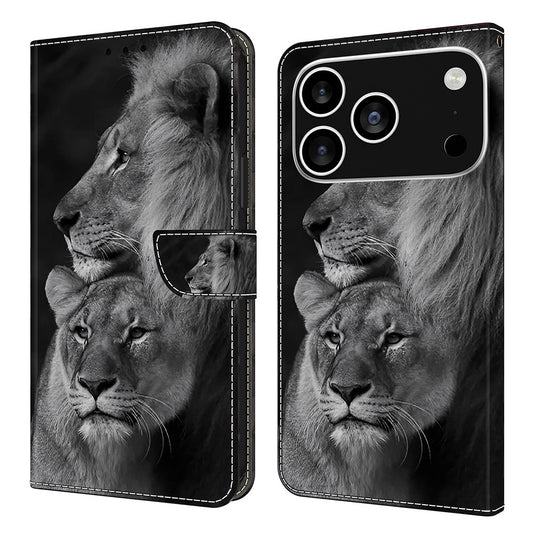 For iPhone 17 Pro Max Case Magnetic Clasp 3D Pattern Leather Wallet Phone Cover - Couple Lions