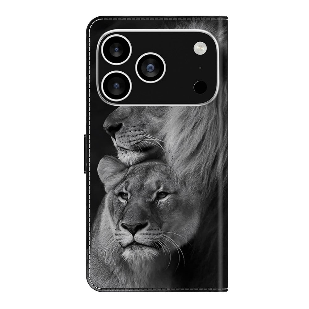 For iPhone 17 Pro Max Case Magnetic Clasp 3D Pattern Leather Wallet Phone Cover - Couple Lions