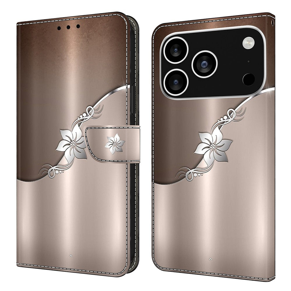 For iPhone 17 Pro Max Case Magnetic Clasp 3D Pattern Leather Wallet Phone Cover - Silver Flower