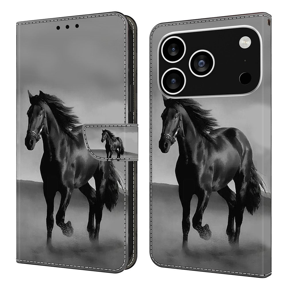 For iPhone 17 Pro Max Case Magnetic Clasp 3D Pattern Leather Wallet Phone Cover - Black Horse