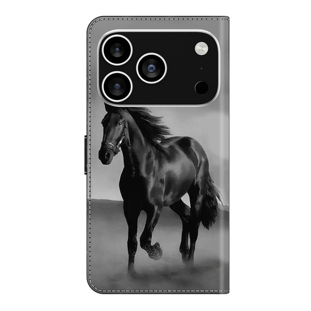 For iPhone 17 Pro Max Case Magnetic Clasp 3D Pattern Leather Wallet Phone Cover - Black Horse