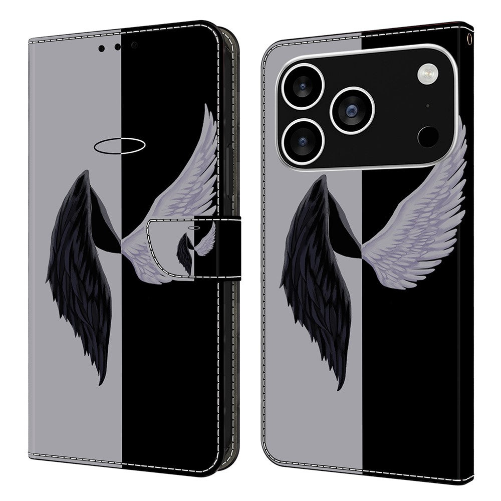 For iPhone 17 Pro Max Case Magnetic Clasp 3D Pattern Leather Wallet Phone Cover - Black  /  White Wings
