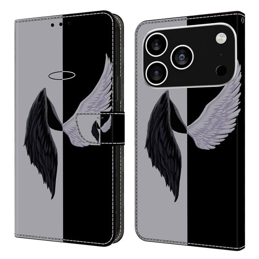 For iPhone 17 Pro Max Case Magnetic Clasp 3D Pattern Leather Wallet Phone Cover - Black  /  White Wings