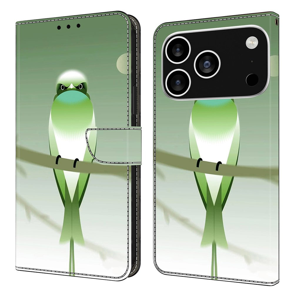 For iPhone 17 Pro Max Case PU Leather Wallet Phone Cover with Stand - Green Bird