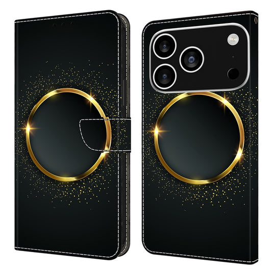 For iPhone 17 Pro Max Case PU Leather Wallet Phone Cover with Stand - Gold Ring