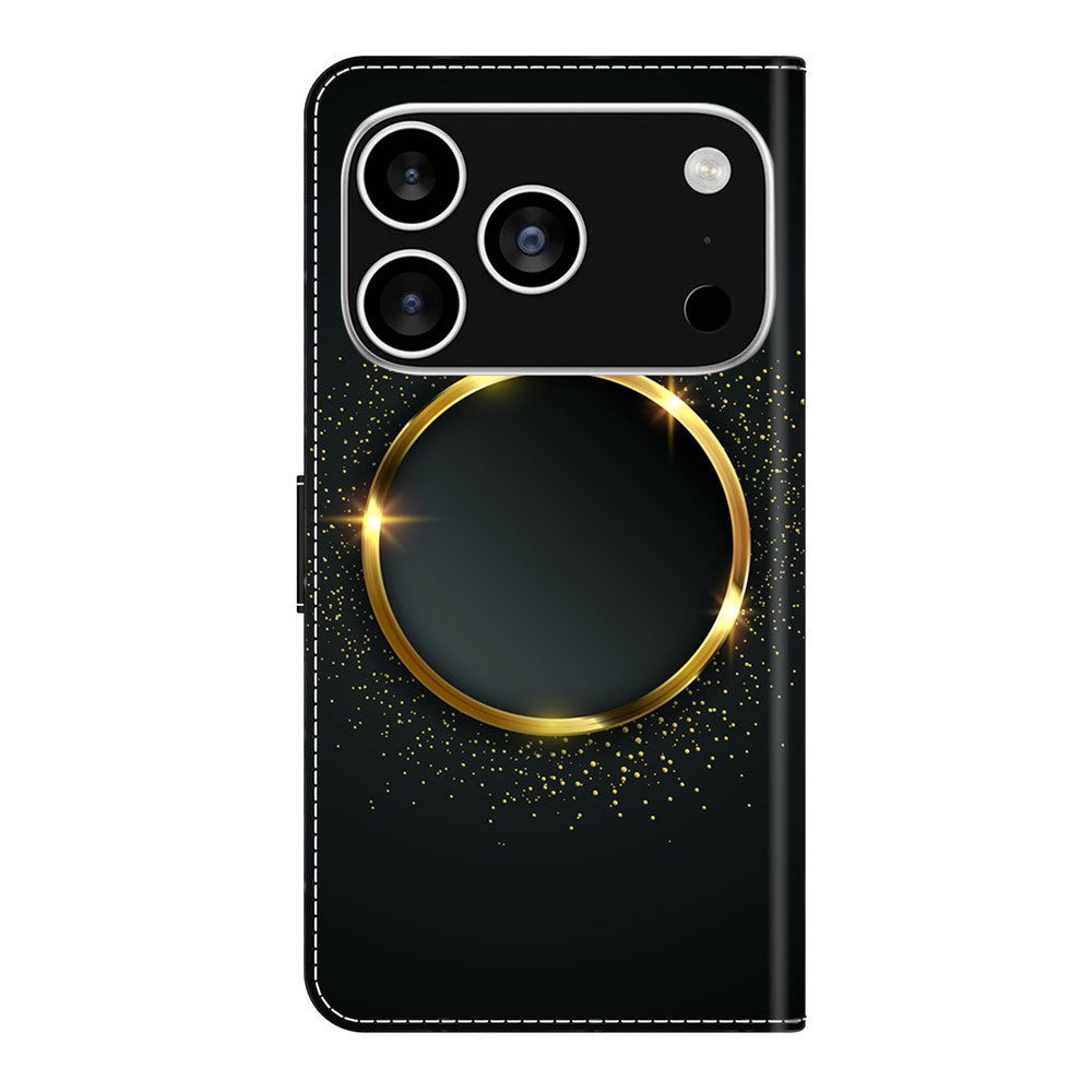 For iPhone 17 Pro Max Case PU Leather Wallet Phone Cover with Stand - Gold Ring