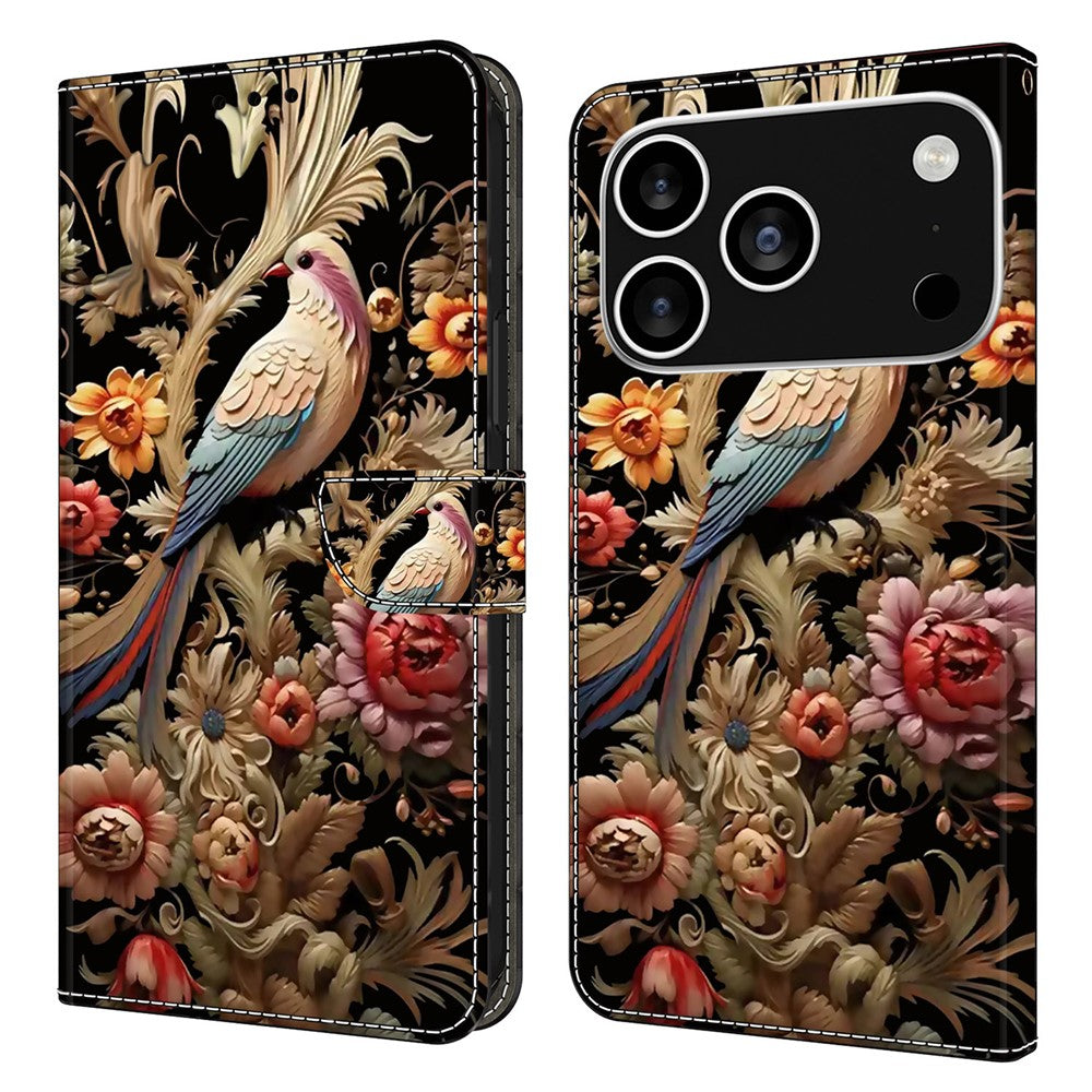 For iPhone 17 Pro Max Case PU Leather Wallet Phone Cover with Stand - Vintage Flower and Bird
