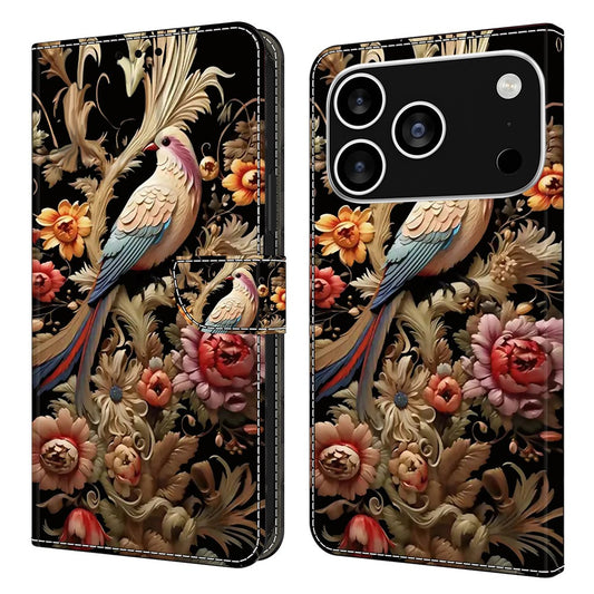 For iPhone 17 Pro Max Case PU Leather Wallet Phone Cover with Stand - Vintage Flower and Bird