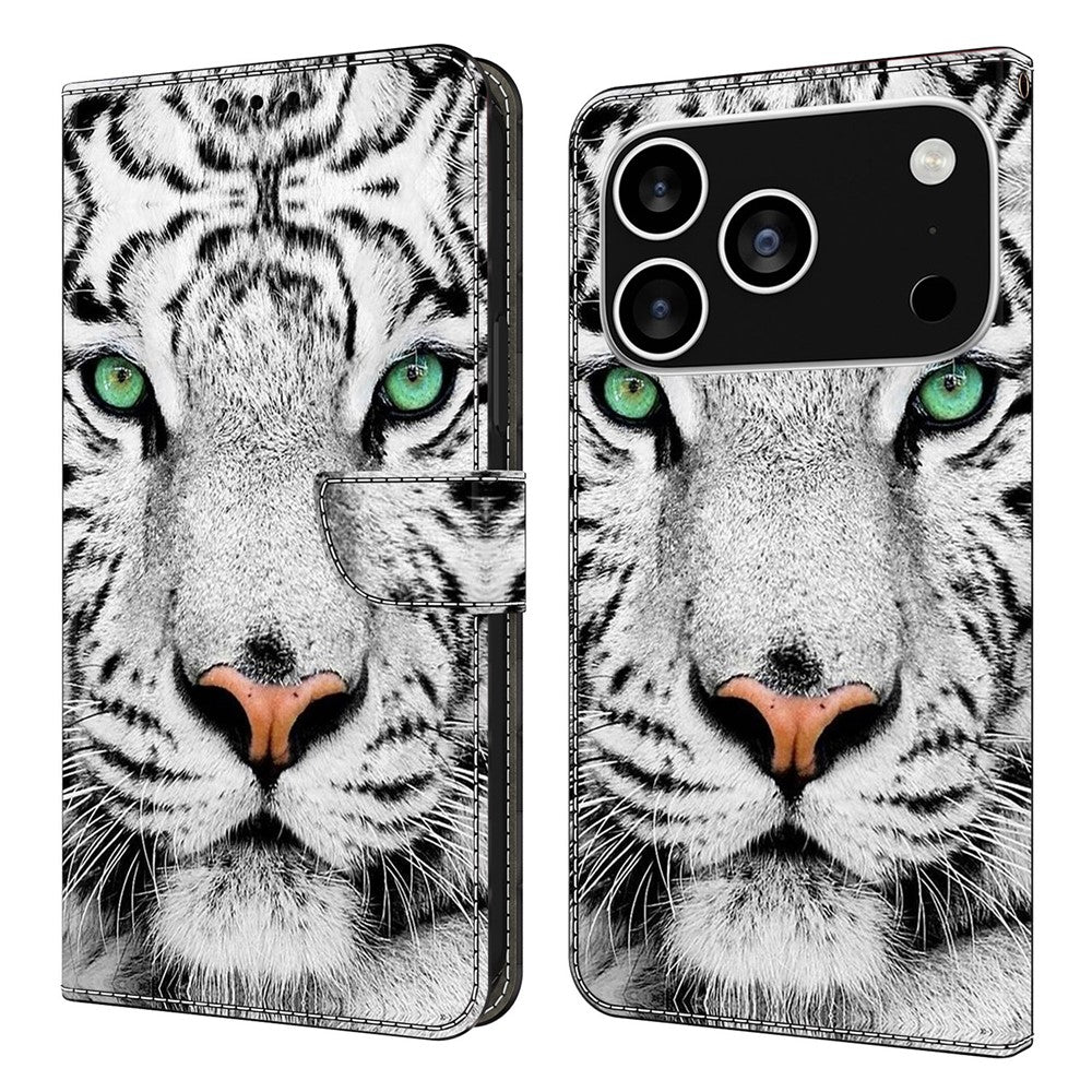 For iPhone 17 Pro Max Case with Card Slot Pattern Printed TPU + PU Leather Flip Phone Cover - Tiger Face
