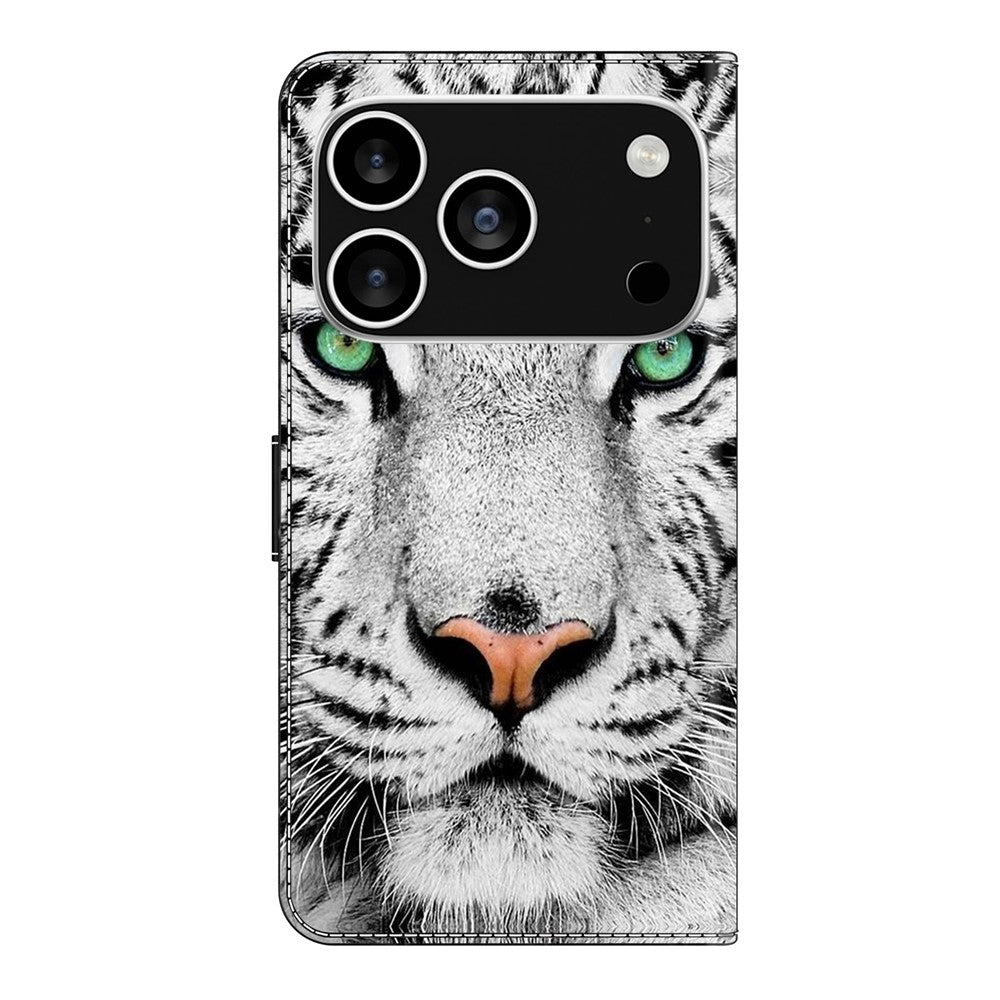For iPhone 17 Pro Max Case with Card Slot Pattern Printed TPU + PU Leather Flip Phone Cover - Tiger Face