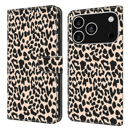 For iPhone 17 Pro Max Case with Card Slot Pattern Printed TPU + PU Leather Flip Phone Cover - Leopard Print