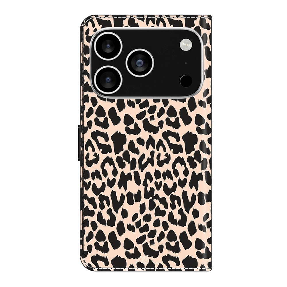 For iPhone 17 Pro Max Case with Card Slot Pattern Printed TPU + PU Leather Flip Phone Cover - Leopard Print