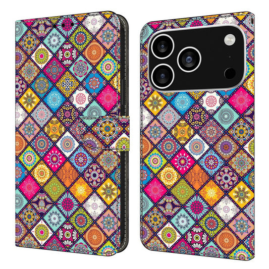 For iPhone 17 Pro Max Case with Card Slot Pattern Printed TPU + PU Leather Flip Phone Cover - Colorful Leather