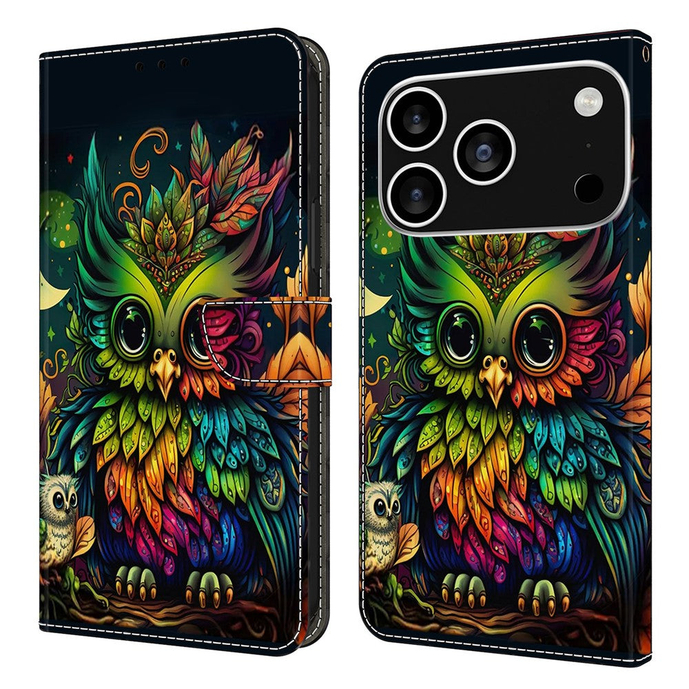 For iPhone 17 Pro Max Case with Card Slot Pattern Printed TPU + PU Leather Flip Phone Cover - Colorful Owl