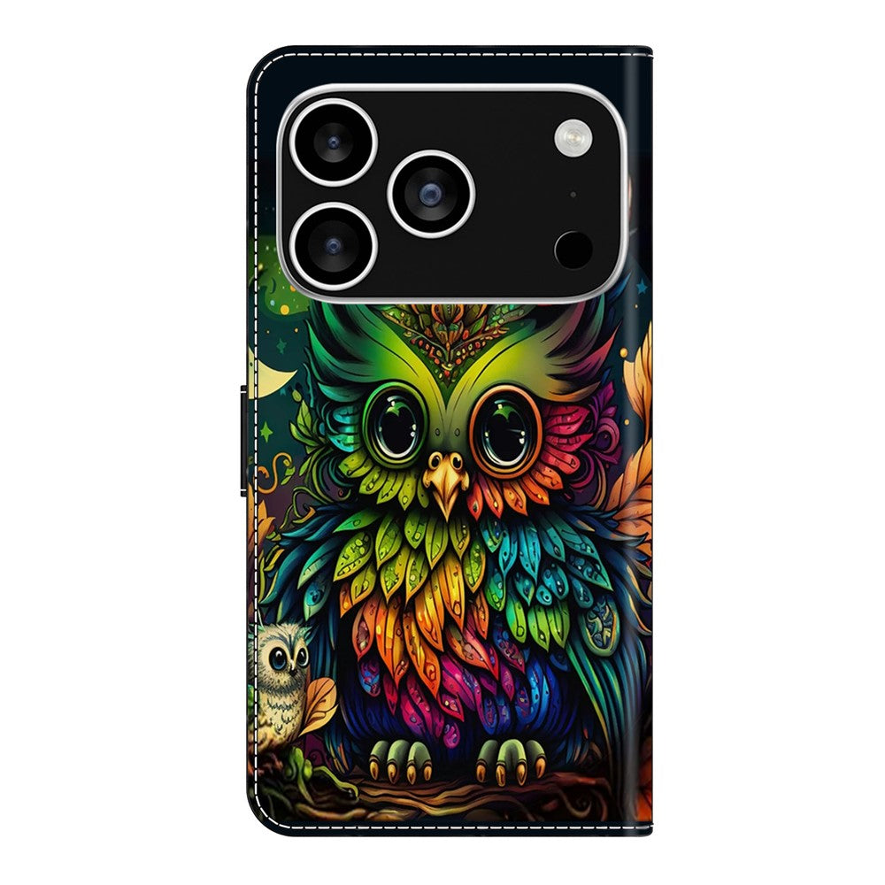 For iPhone 17 Pro Max Case with Card Slot Pattern Printed TPU + PU Leather Flip Phone Cover - Colorful Owl