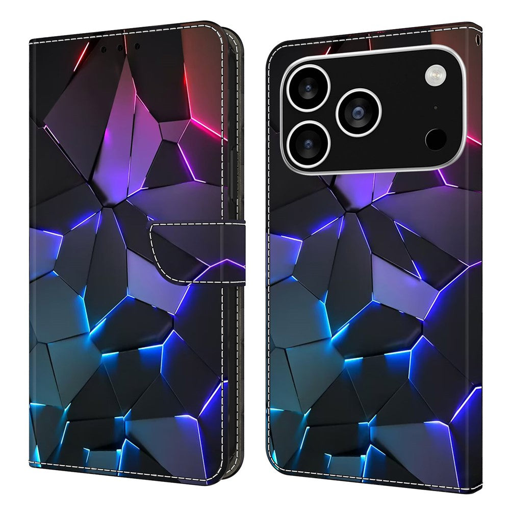 For iPhone 17 Pro Max Case with Card Slot Pattern Printed TPU + PU Leather Flip Phone Cover - Blue Cracks