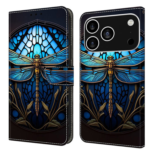 For iPhone 17 Pro Max Case with Card Slot Pattern Printed TPU + PU Leather Flip Phone Cover - Blue Dragonfly