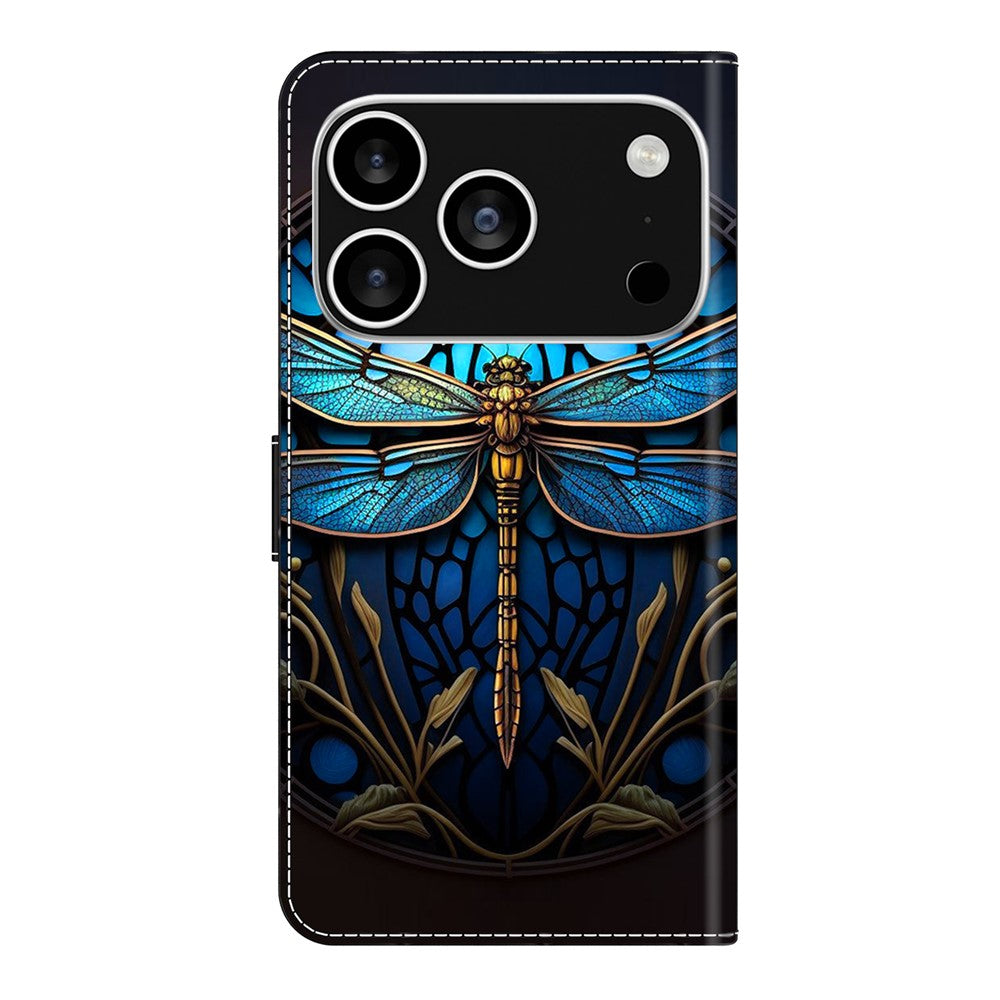 For iPhone 17 Pro Max Case with Card Slot Pattern Printed TPU + PU Leather Flip Phone Cover - Blue Dragonfly