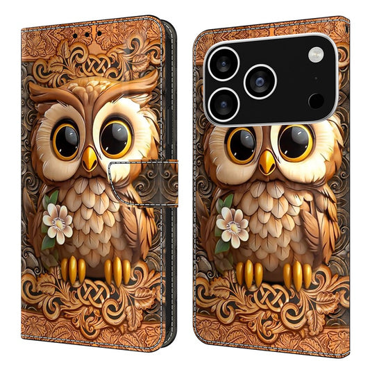 For iPhone 17 Pro Max Case with Card Slot Pattern Printed TPU + PU Leather Flip Phone Cover - Red Owl