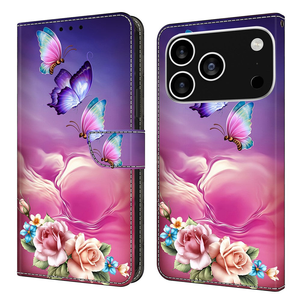 For iPhone 17 Pro Max Case with Card Slot Pattern Printed TPU + PU Leather Flip Phone Cover - Butterfly Flower