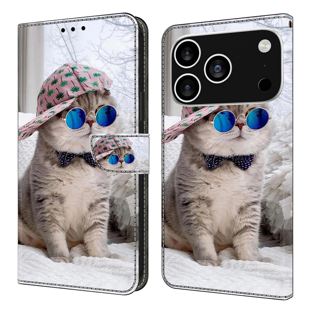 For iPhone 17 Pro Max Wallet Case Pattern Printing Stand Leather Flip Phone Cover - Hat Cat