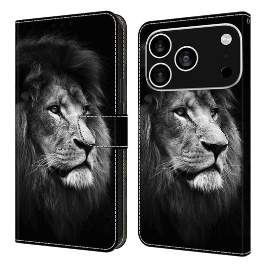 For iPhone 17 Pro Max Wallet Case Pattern Printing Stand Leather Flip Phone Cover - Lion