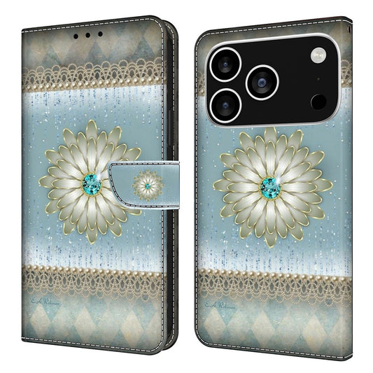 For iPhone 17 Pro Max Wallet Case Pattern Printing Stand Leather Flip Phone Cover - Blue Diamond Flower