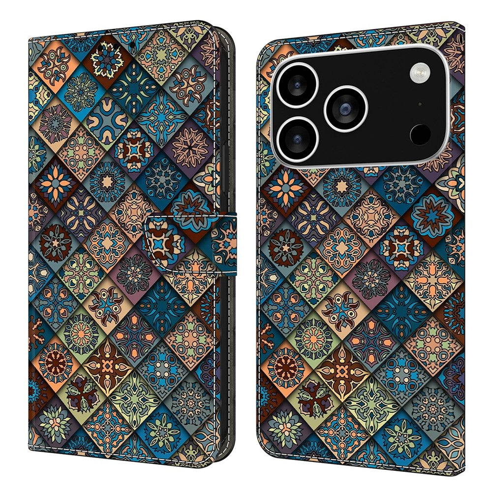 For iPhone 17 Pro Max Wallet Case Pattern Printing Stand Leather Flip Phone Cover - Blue Floral