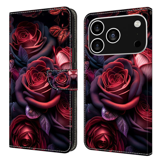 For iPhone 17 Pro Max Wallet Case Pattern Printing Stand Leather Flip Phone Cover - Black Rose