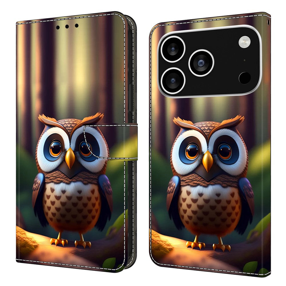 For iPhone 17 Pro Max Leather Case Pattern Printing Wallet Stand Flip Phone Cover - Brown Little Owl