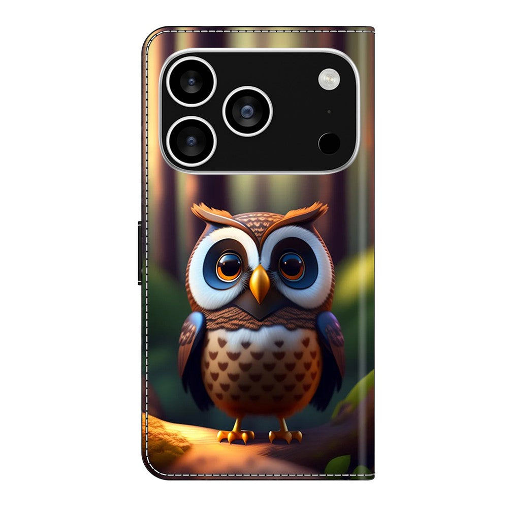 For iPhone 17 Pro Max Leather Case Pattern Printing Wallet Stand Flip Phone Cover - Brown Little Owl