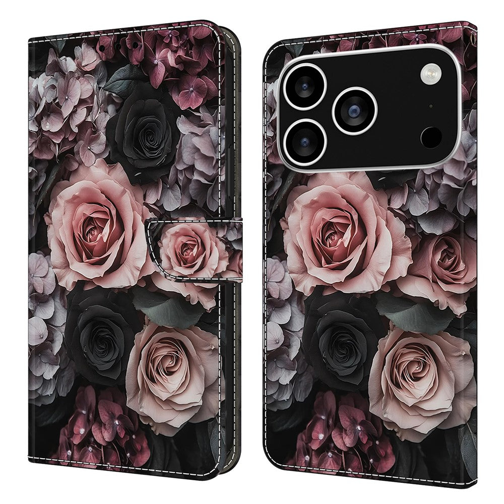 For iPhone 17 Pro Max Leather Case Pattern Printing Wallet Stand Flip Phone Cover - Chinese Rose