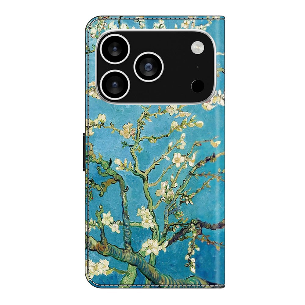For iPhone 17 Pro Max Leather Case Pattern Printing Wallet Stand Flip Phone Cover - Apricot Blossom