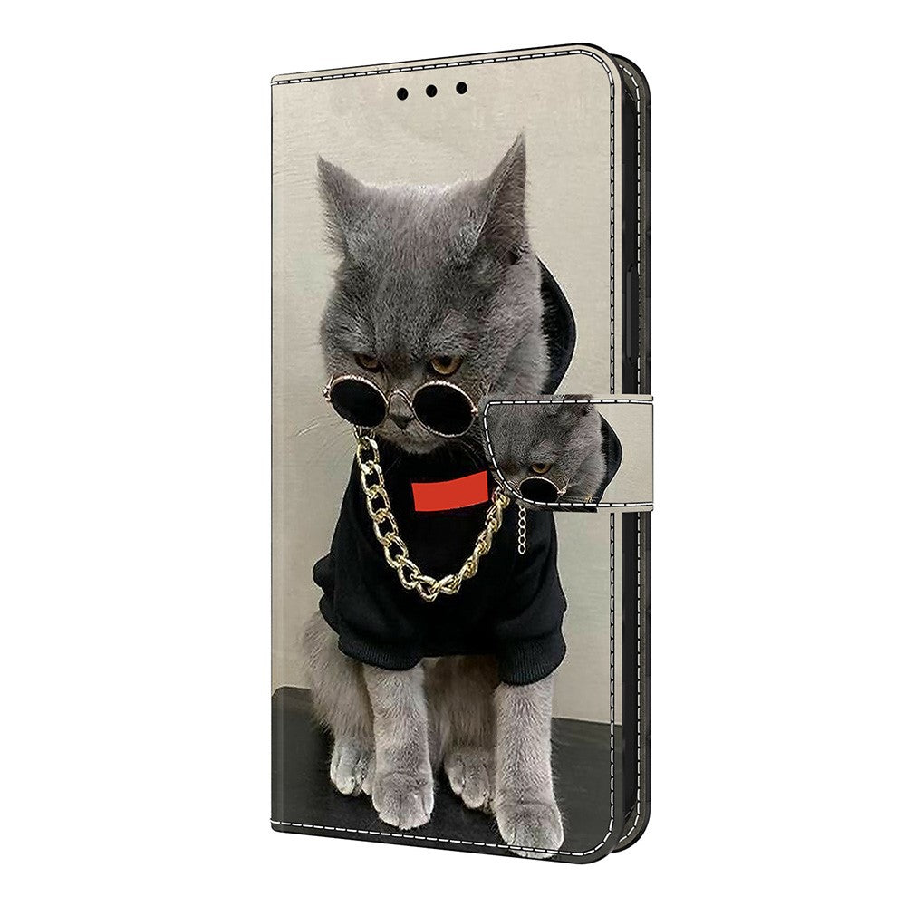 For iPhone 17 Pro Max Leather Case Pattern Printing Wallet Stand Flip Phone Cover - Cat with Glasses and Necklace