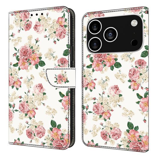 For iPhone 17 Pro Max Leather Case Pattern Printing Wallet Stand Flip Phone Cover - Peony