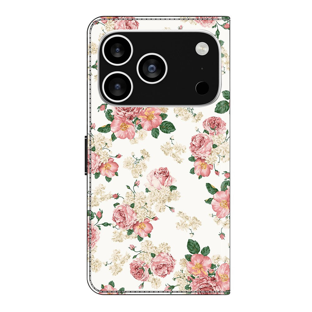 For iPhone 17 Pro Max Leather Case Pattern Printing Wallet Stand Flip Phone Cover - Peony