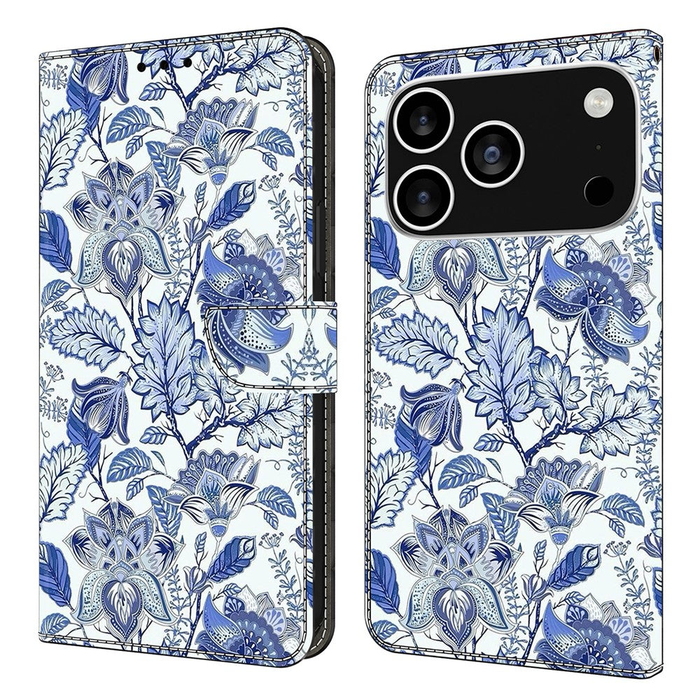 For iPhone 17 Pro Max Leather Case Pattern Printing Wallet Stand Flip Phone Cover - Blue Flower Bush