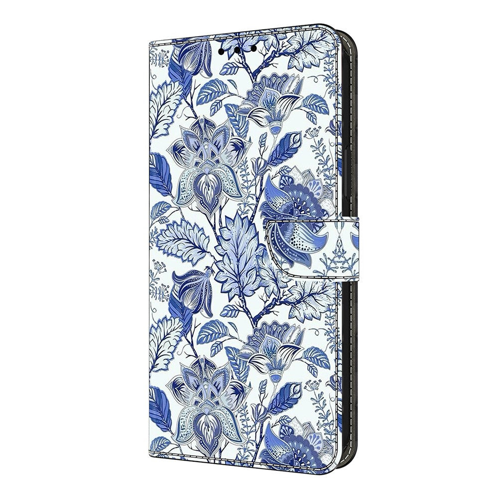For iPhone 17 Pro Max Leather Case Pattern Printing Wallet Stand Flip Phone Cover - Blue Flower Bush