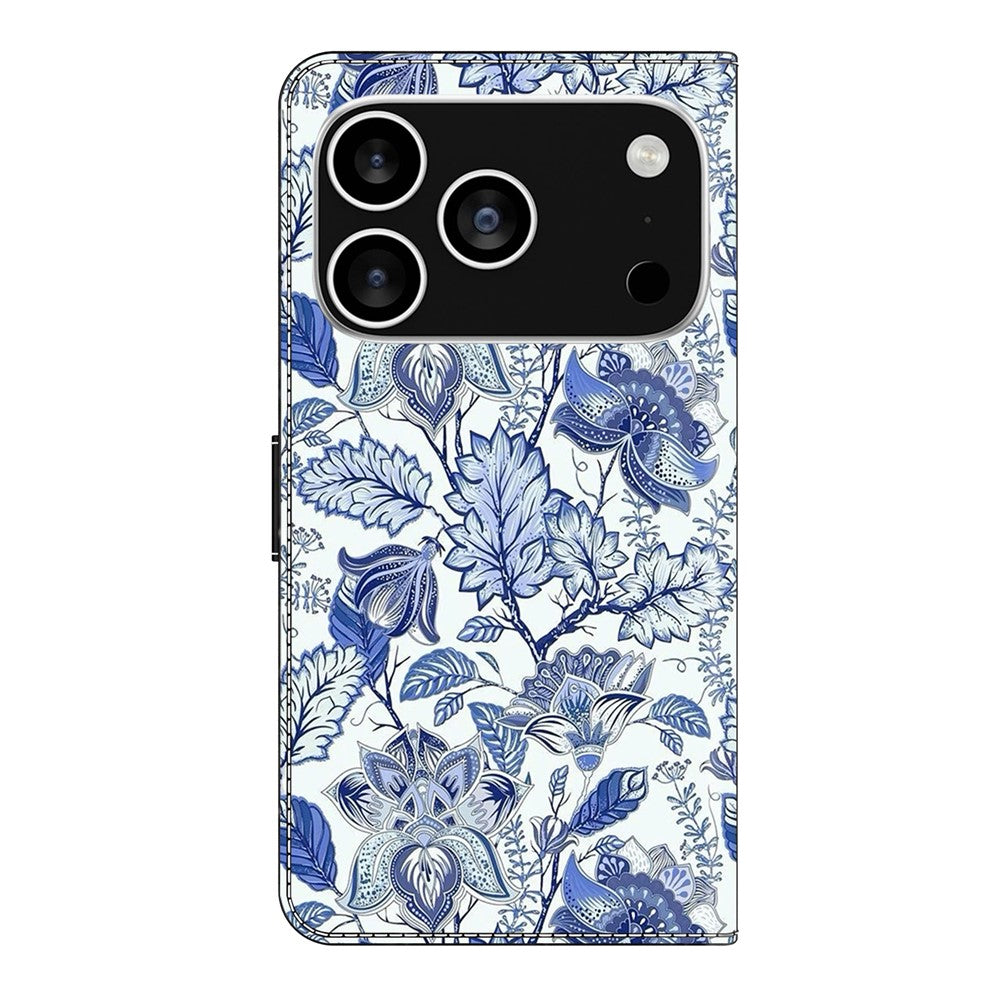 For iPhone 17 Pro Max Leather Case Pattern Printing Wallet Stand Flip Phone Cover - Blue Flower Bush