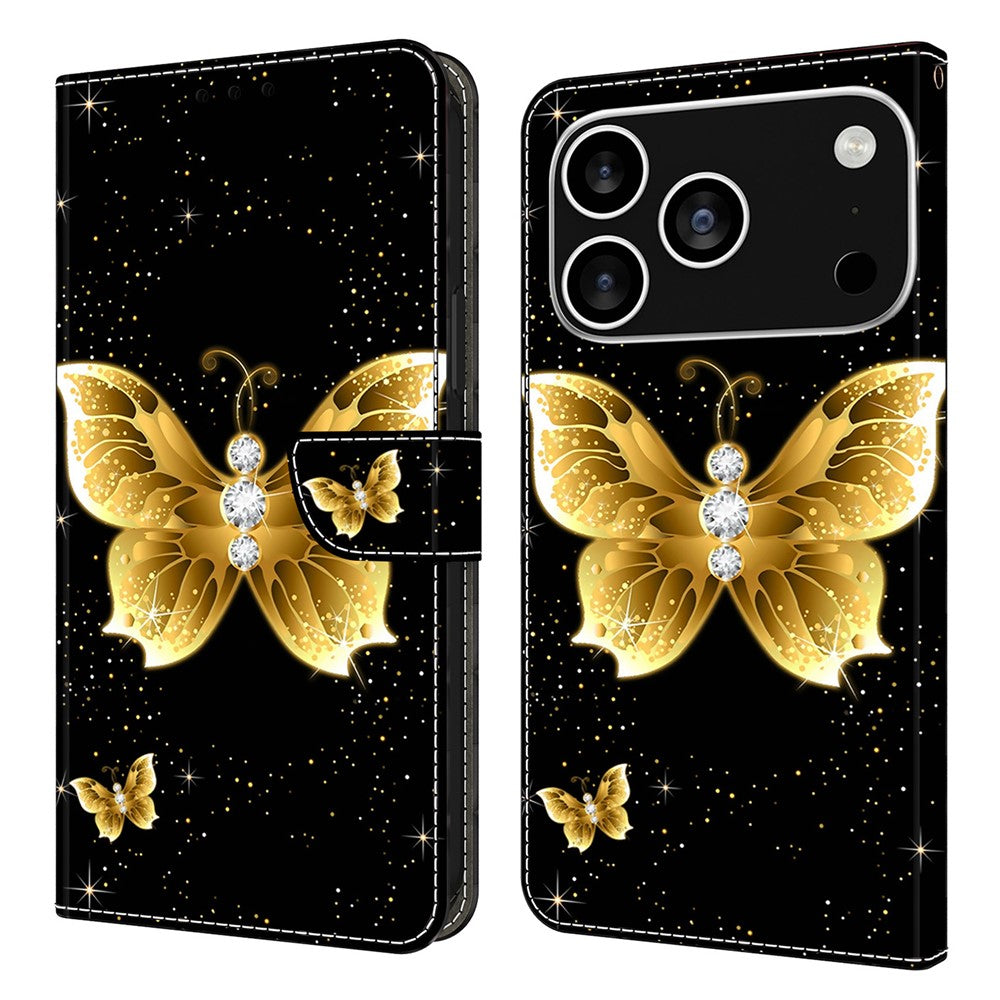 For iPhone 17 Pro Max Leather Case Pattern Printing Wallet Stand Flip Phone Cover - Golden Butterflies