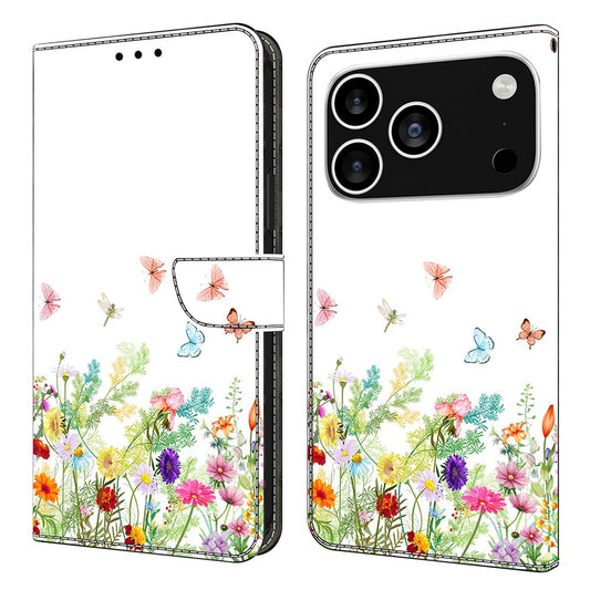 For iPhone 17 Pro Max Leather Case Pattern Printing Wallet Stand Flip Phone Cover - Flowers and Grass
