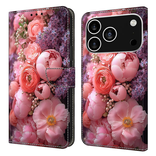 For iPhone 17 Pro Max Leather Case Pattern Printing Wallet Stand Flip Phone Cover - Ranunculaceae