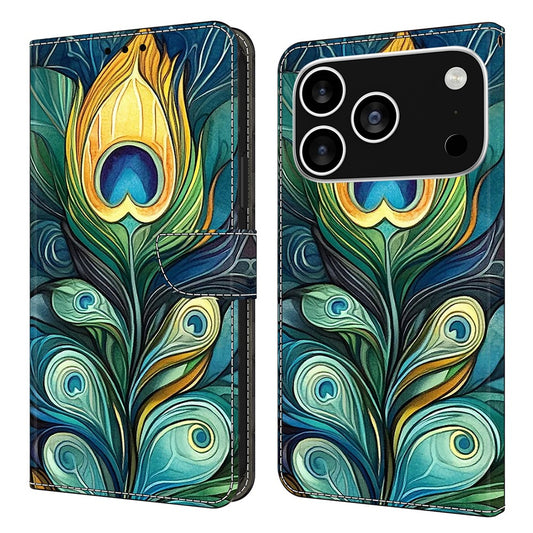 For iPhone 17 Pro Max Leather Case Pattern Printing Wallet Stand Flip Phone Cover - Green Feathers