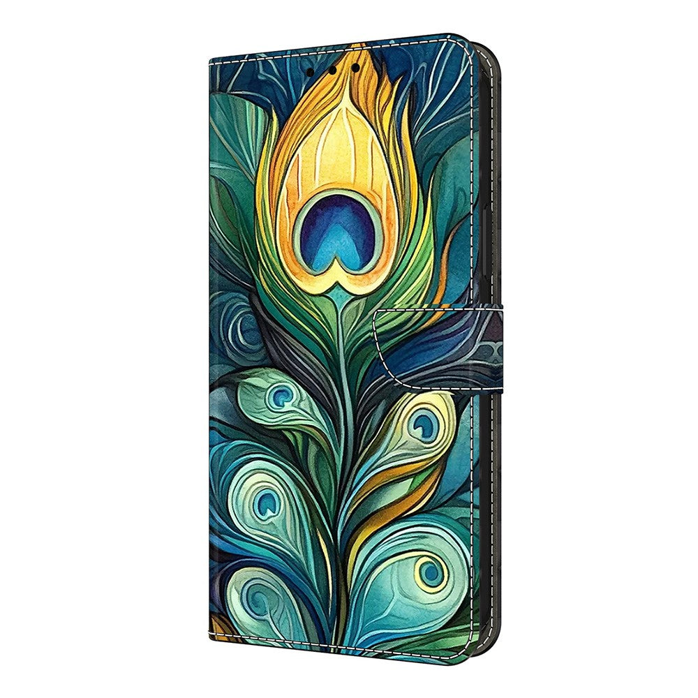 For iPhone 17 Pro Max Leather Case Pattern Printing Wallet Stand Flip Phone Cover - Green Feathers