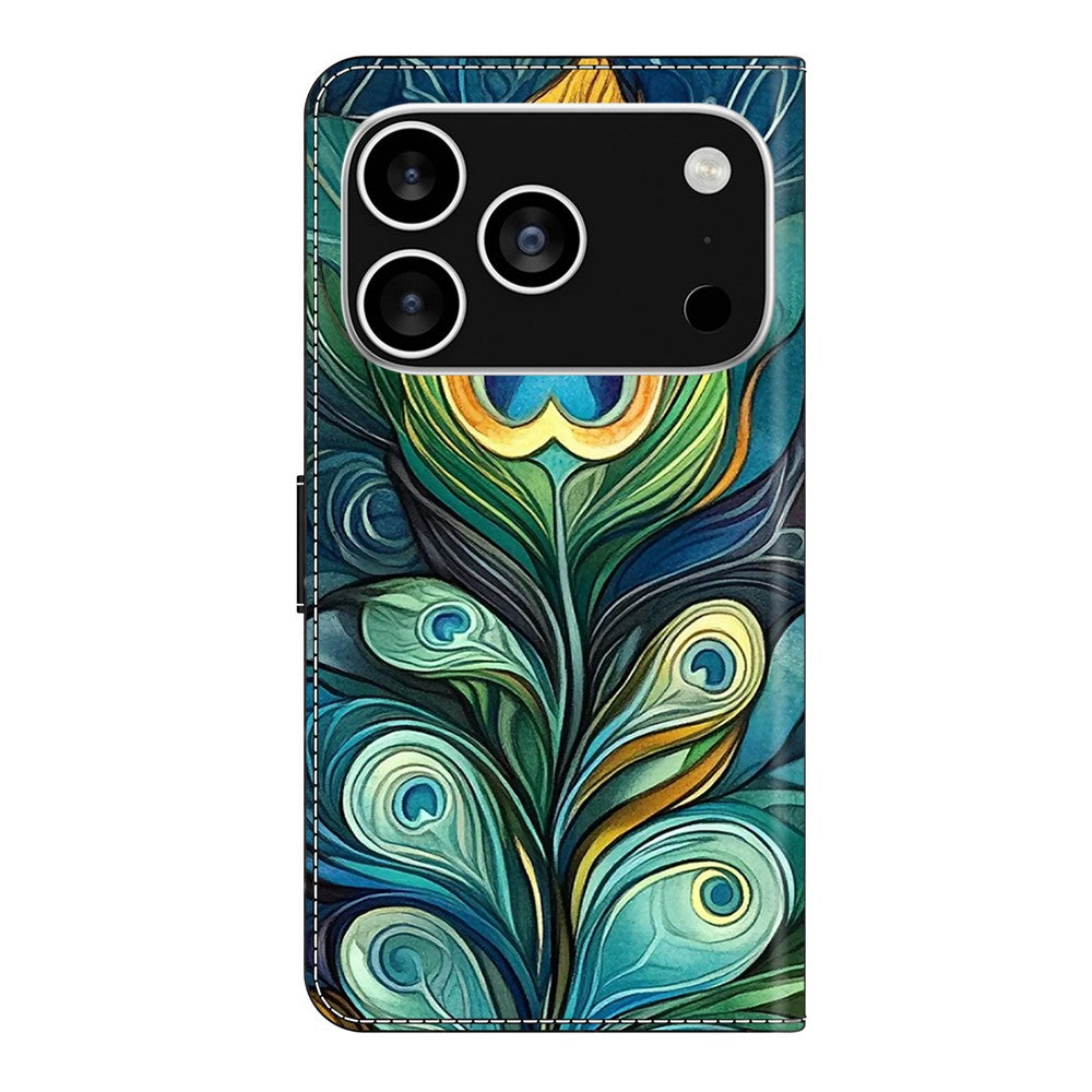 For iPhone 17 Pro Max Leather Case Pattern Printing Wallet Stand Flip Phone Cover - Green Feathers