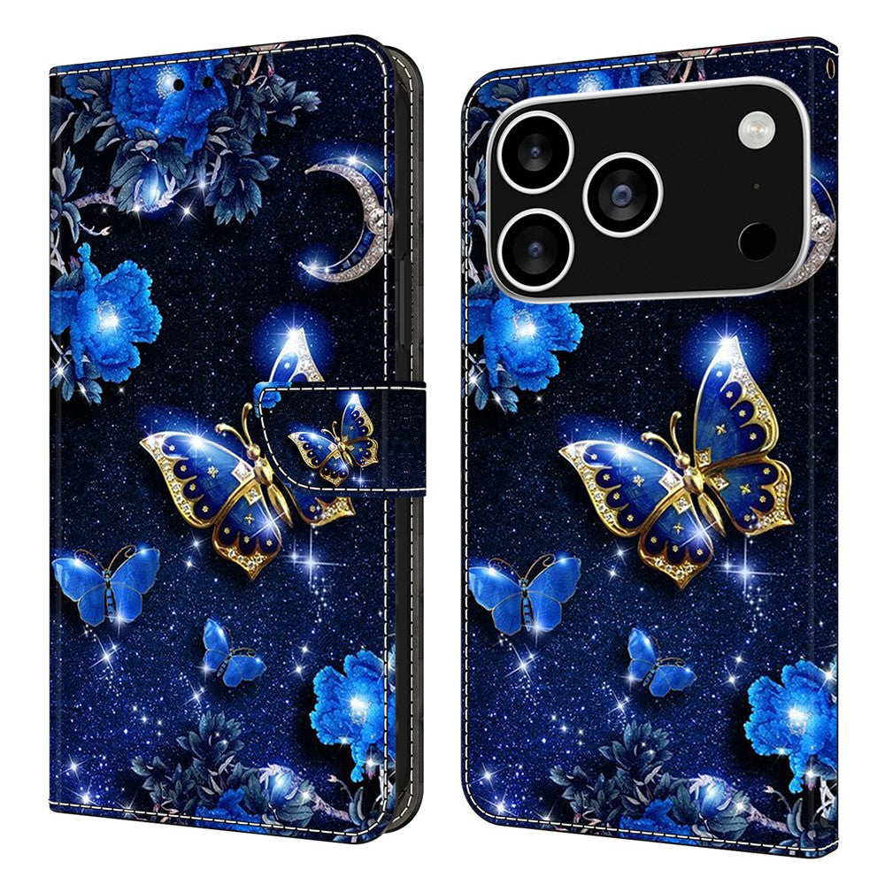 For iPhone 17 Pro Max Leather Case Pattern Printing Wallet Stand Flip Phone Cover - Brilliant Butterfly