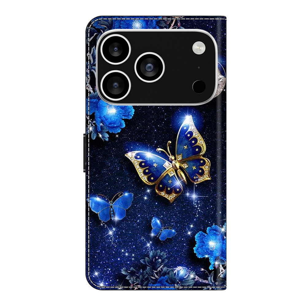 For iPhone 17 Pro Max Leather Case Pattern Printing Wallet Stand Flip Phone Cover - Brilliant Butterfly