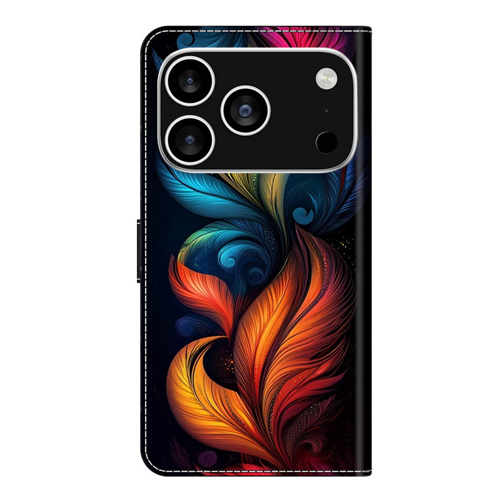 For iPhone 17 Pro Max Leather Case Pattern Printing Wallet Stand Flip Phone Cover - Colorful Feathers